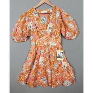 Trovata Birds of Paradise Gia Puff Sleeve V Neck Mini Dress  Size Medium NWT